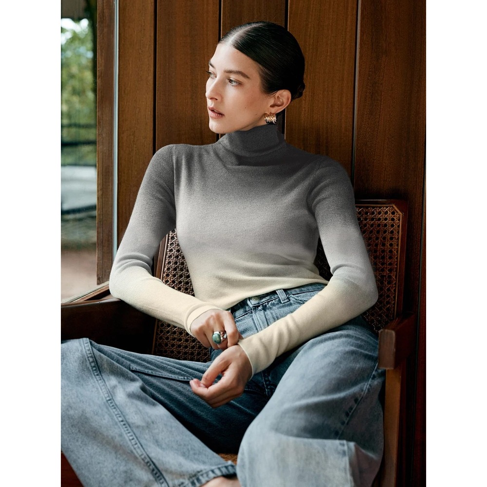 COMMENSE Beige Gray Ombre Wool Blend Turtleneck Slim Knit Top Size M